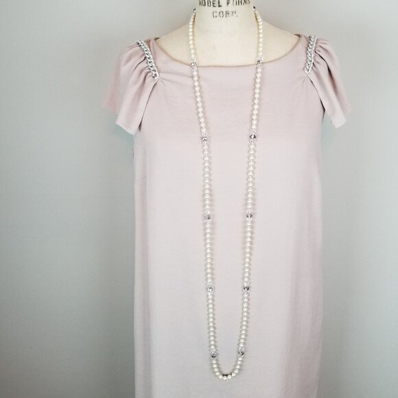 Zara Basic Blush Pink Shift Dress with Flutter Sleeves with Chain Detail Size Lg - Picture 3 of 12